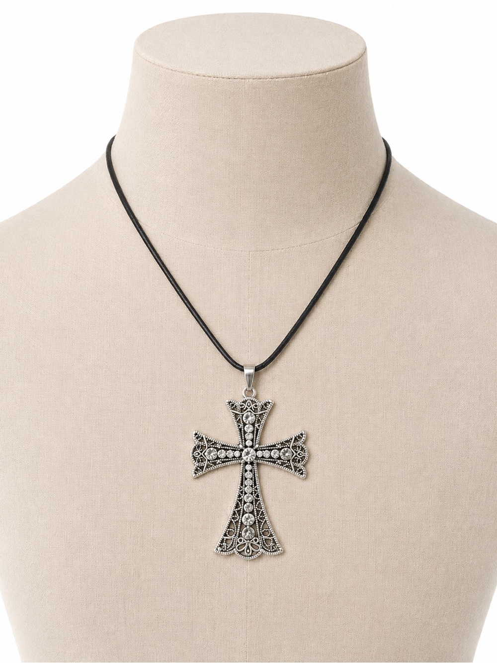 Silver Filigree Cross Pendant Necklace - Black Cord